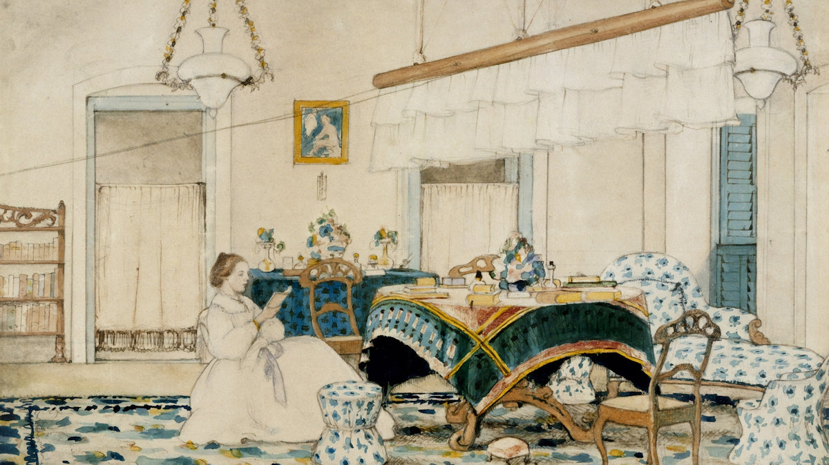 painting of woman near table