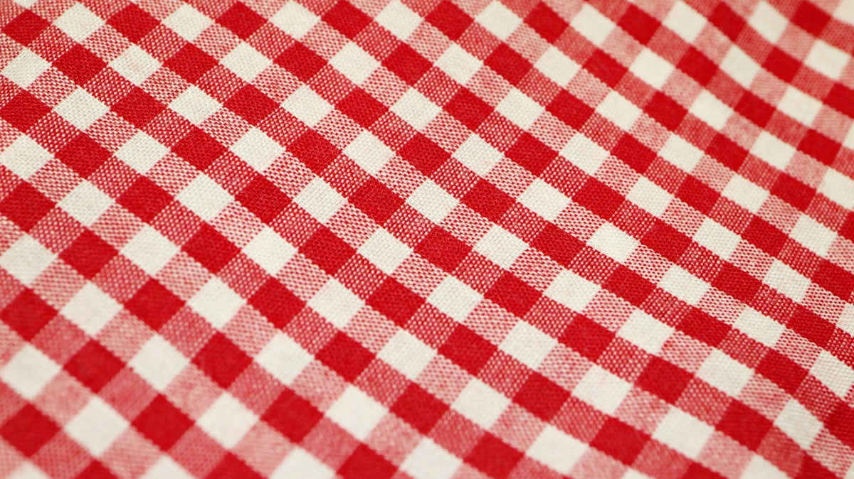 red and white checkered textile