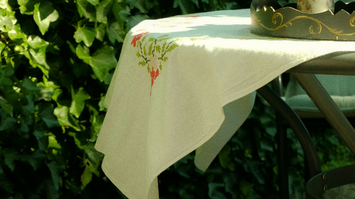 a table with a white table cloth on it