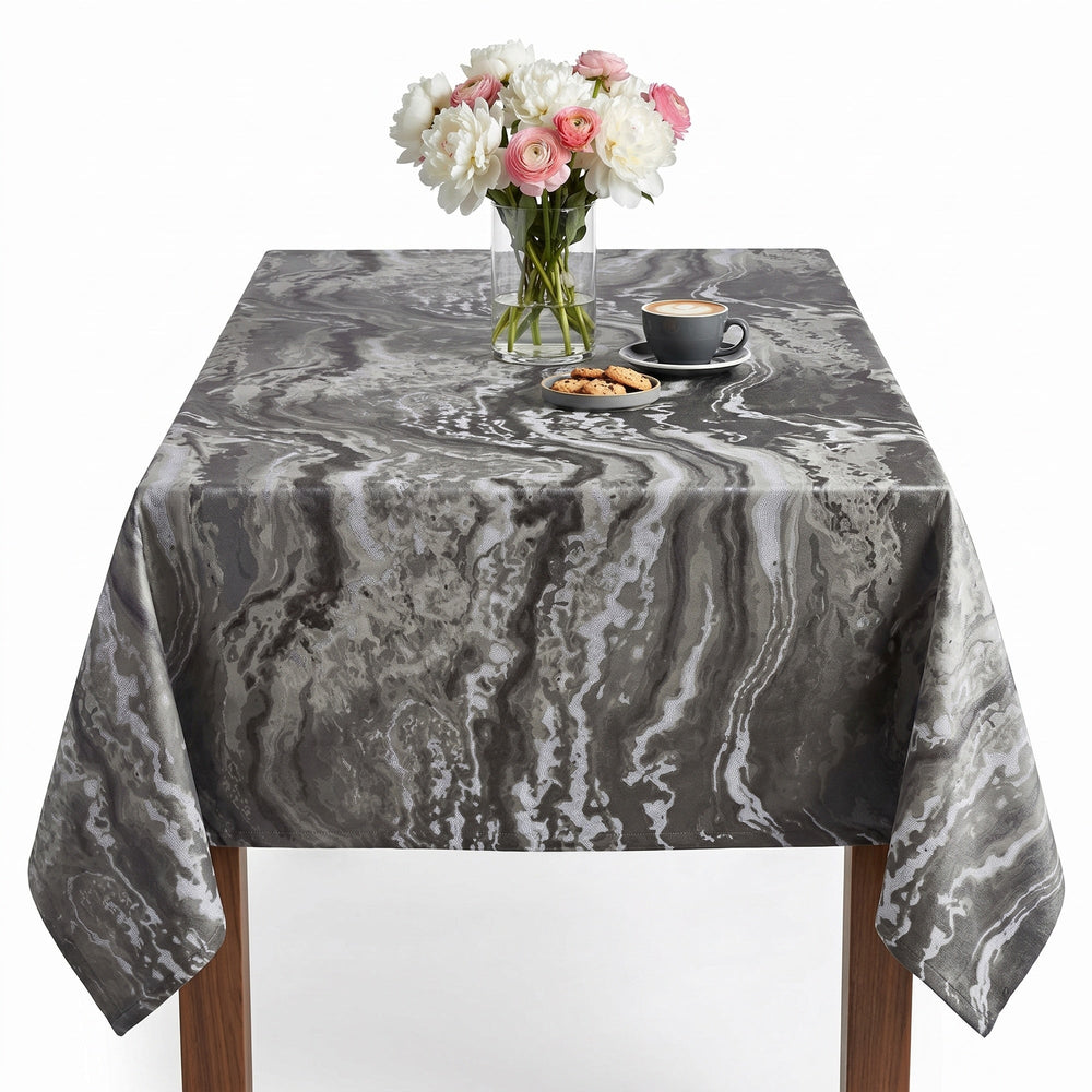 Marble Print Tablecloth featuring a stylish gray and white design, perfect for elegant dining.