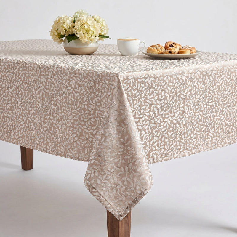 Beige Floral Tablecloth featuring a delicate leaf pattern, perfect for dining settings.