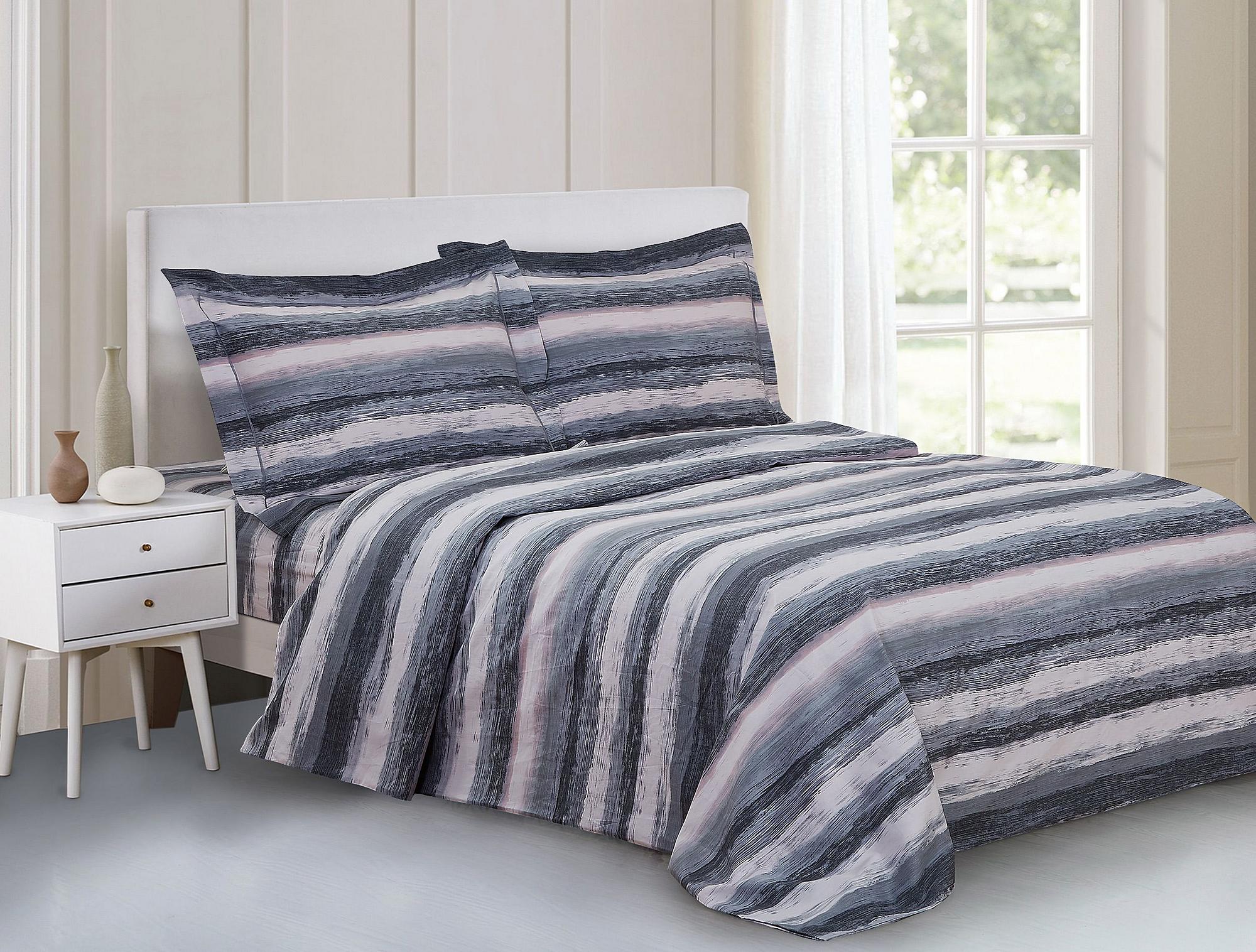 Grey and blush painterly marble-stripe cotton duvet set with matching shams