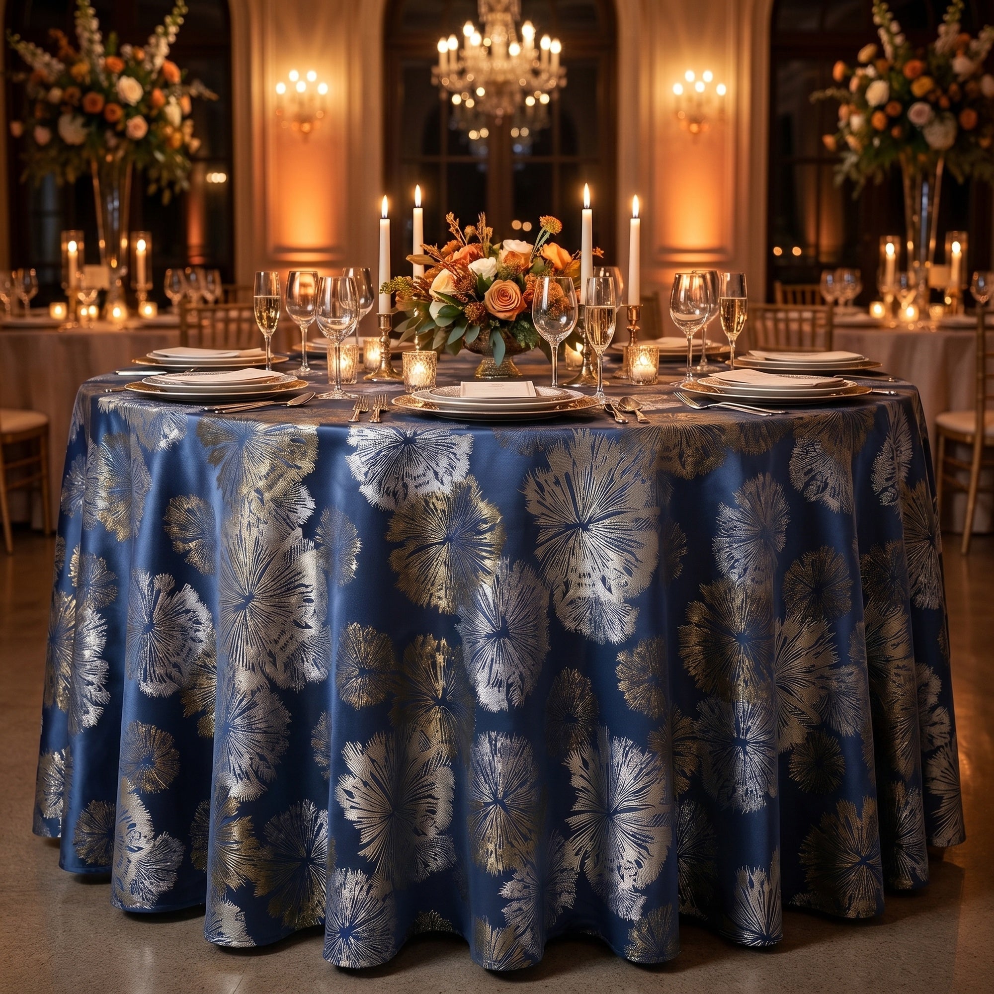 Allium Navy Tablecloth — styled table