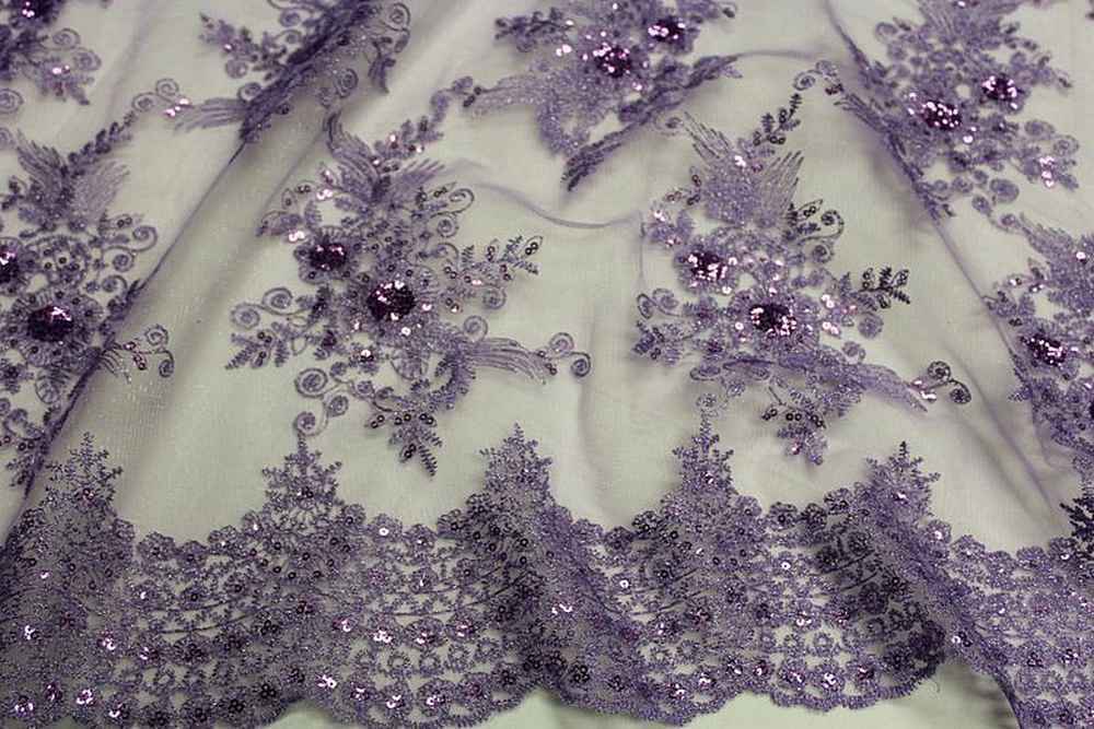 purple BLOSSOM/B Embroidered Sheer With Sequin Fabric by the Yard - 54 Inch Wide