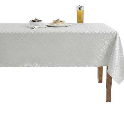 Gate Embossed Greek Key Velvet Tablecloth – White
