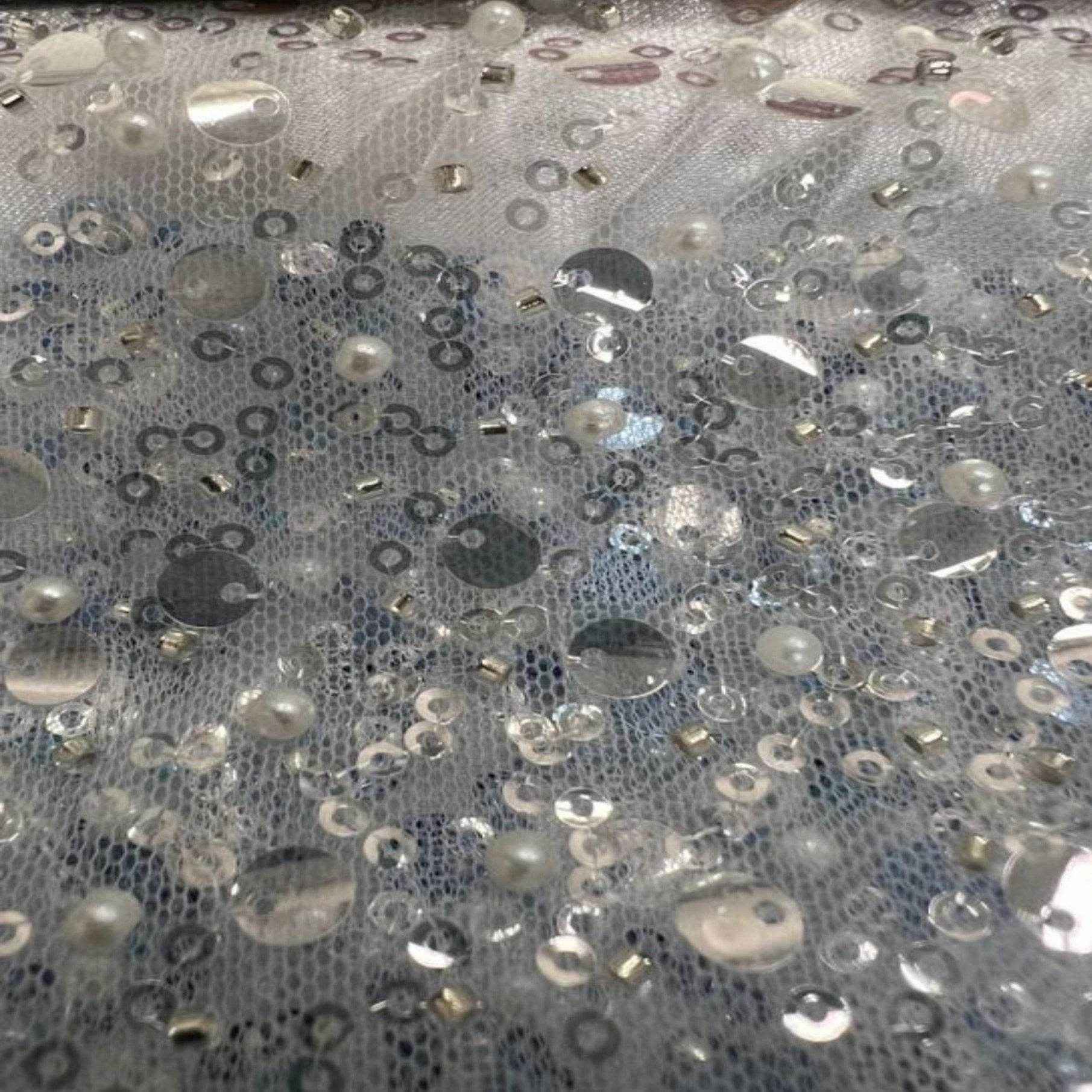 White Soft Tulle Mesh Fabric Heavily Embellished with Sequins Fabric by the Yard - 52 Inch Wide