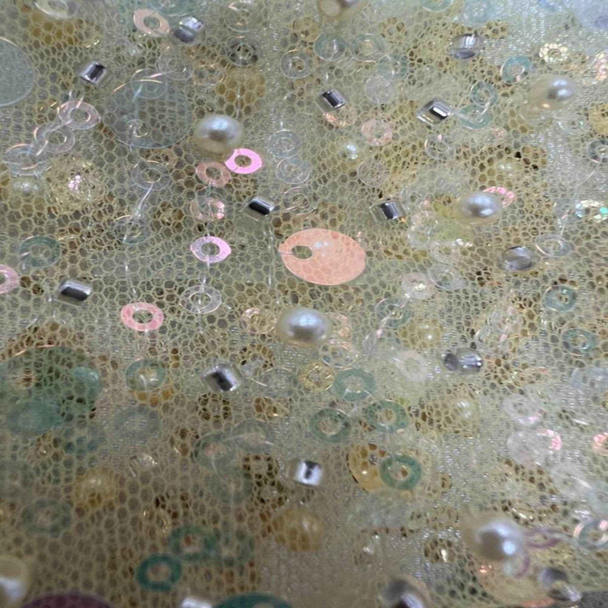 Yellow Soft Tulle Mesh Fabric Heavily Embellished with Sequins Fabric by the Yard - 52 Inch Wide