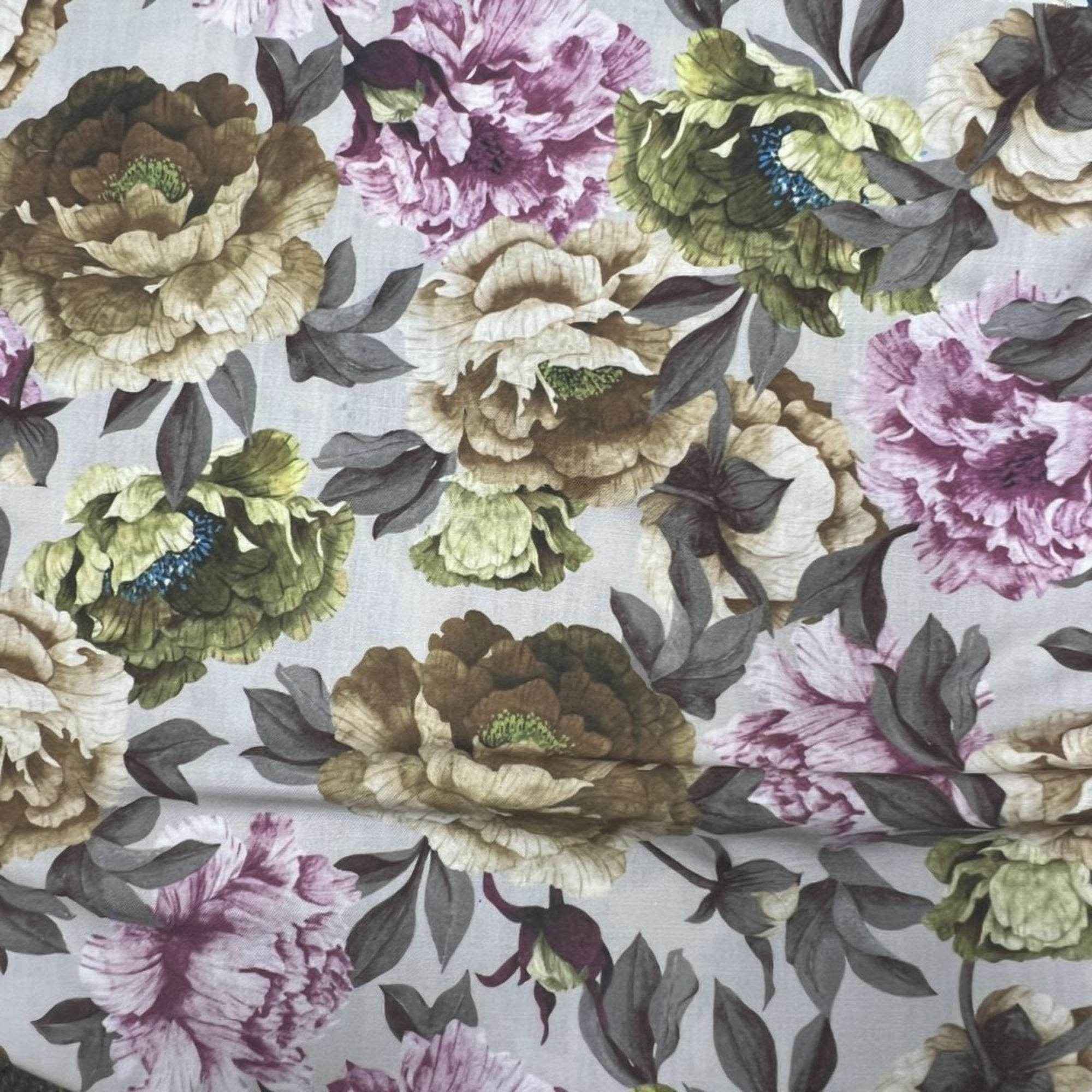 Gold/Lilac SPRING GARDEN Floral Digital Print Fabric - Cotton Hand - 58 Inch. in Width Fabric by the Yard - 58 Inch Wide