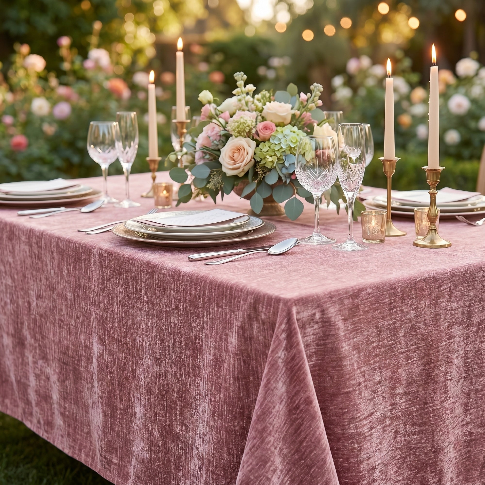 Rose velvet tablecloth at a garden party