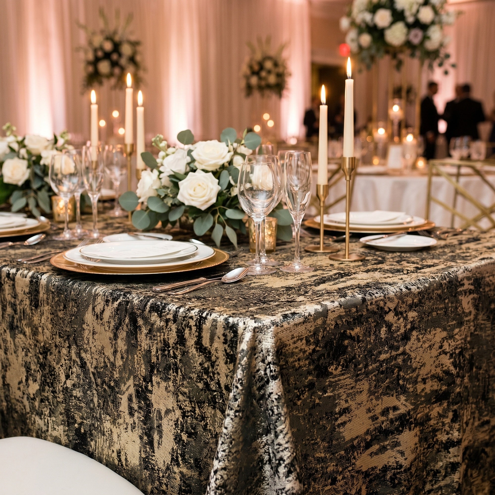 Gold metallic tablecloth at a reception