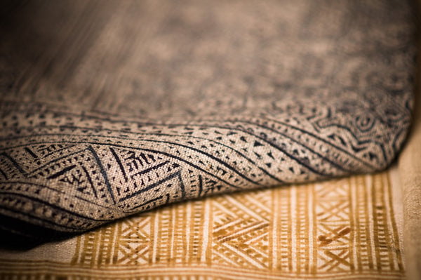 Handcrafted cotton fabric with intricate patterns in blue and beige tones.