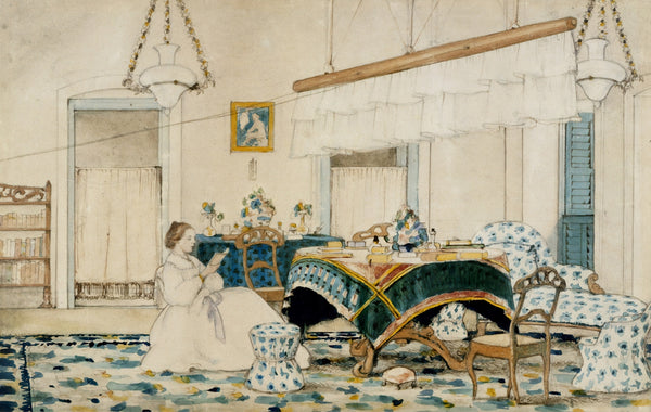Elegant dining room scene featuring a woman in a white dress, ornate furniture, and blue patterned decor.