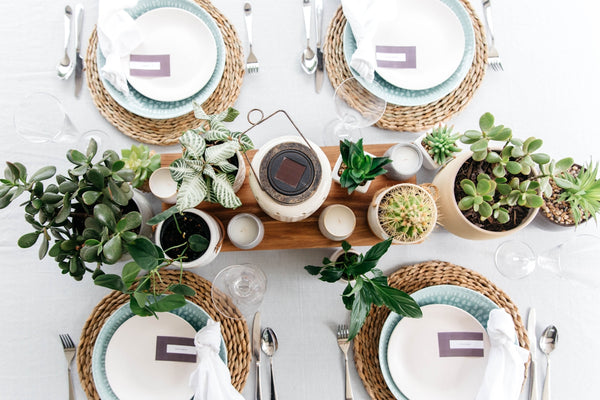 Elegant dining table setup featuring a wooden centerpiece with various plants and coffee.