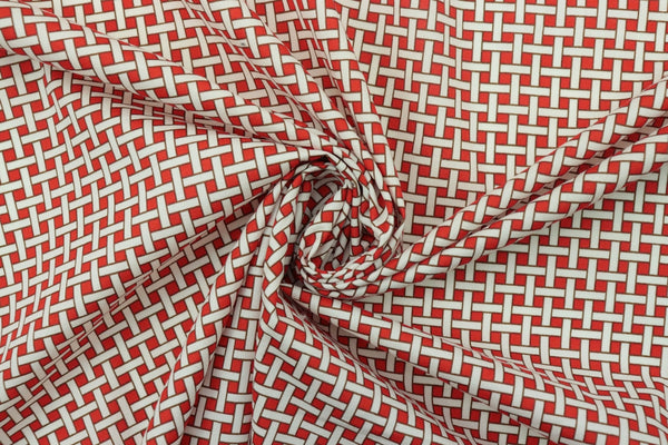 Red Woven Fabric featuring a white grid pattern, ideal for crafting and sewing projects.
