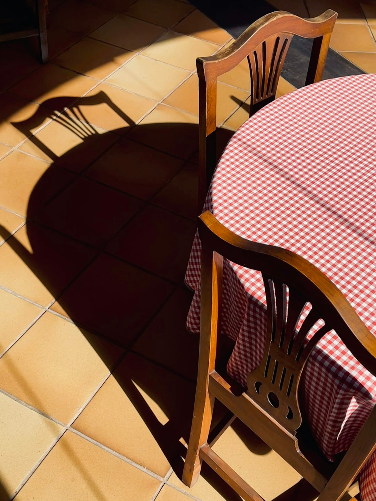 Wooden dining chair beside a round table with a red checkered tablecloth, casting a shadow.