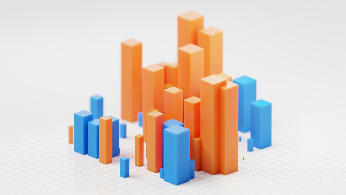 Orange and blue 3D bar chart columns on a white grid surface