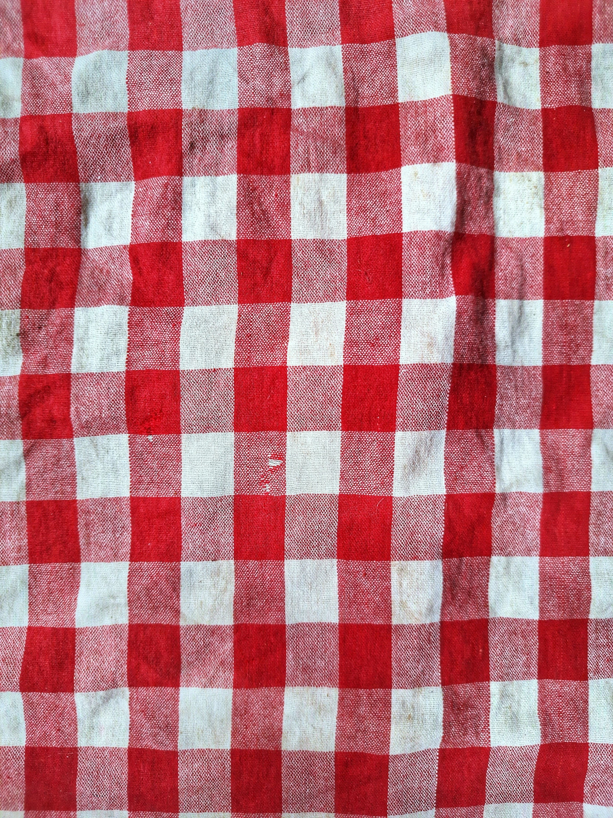Red and white checkered tablecloth with a classic pattern and slight wear.