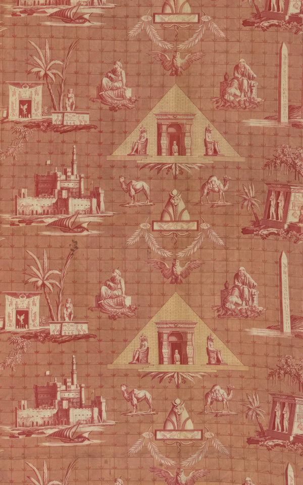 Egyptian Themed Fabric featuring pyramids, sphinxes, and ancient structures in red tones.