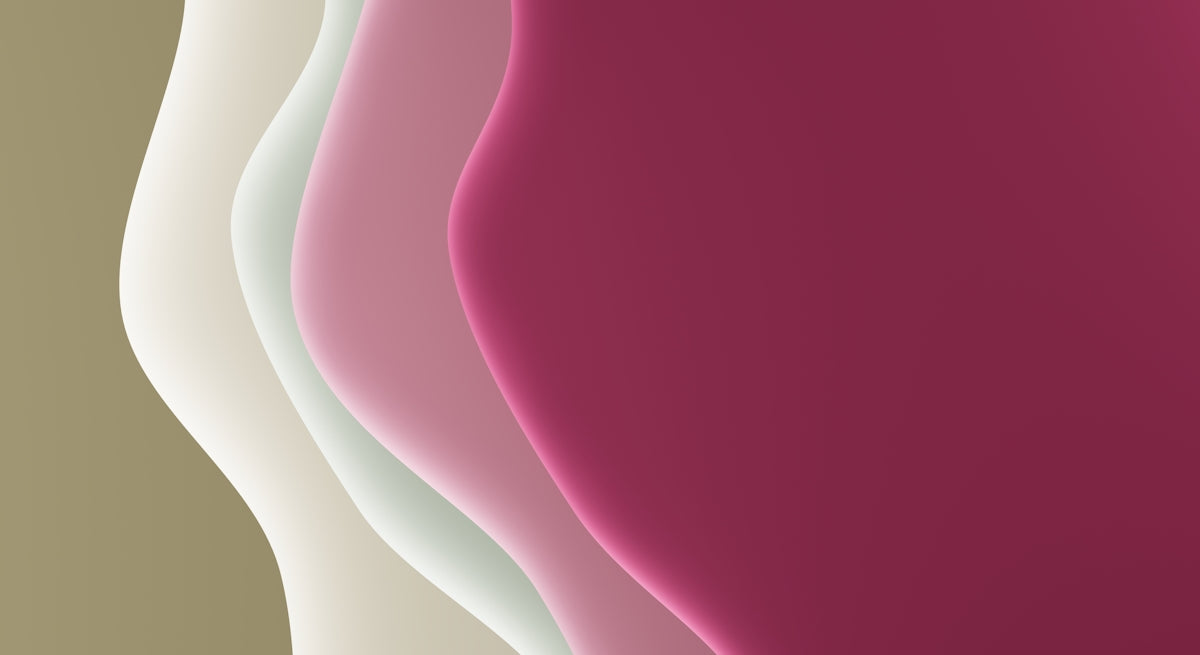 Abstract wavy layers in olive green, beige, pink, and magenta.