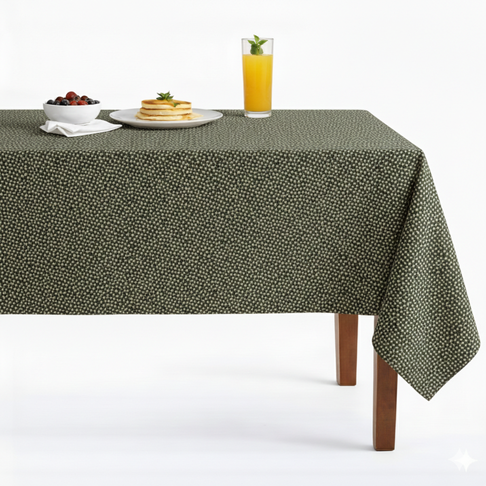 Green patterned tablecloth featuring small dots, elegantly draped over a wooden table with breakfast items.