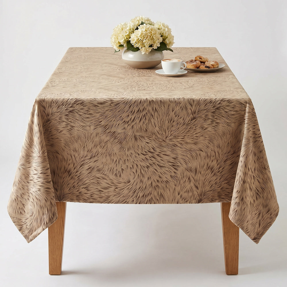 Brown textured tablecloth featuring a soft, furry pattern on a dining table with flowers and snacks.