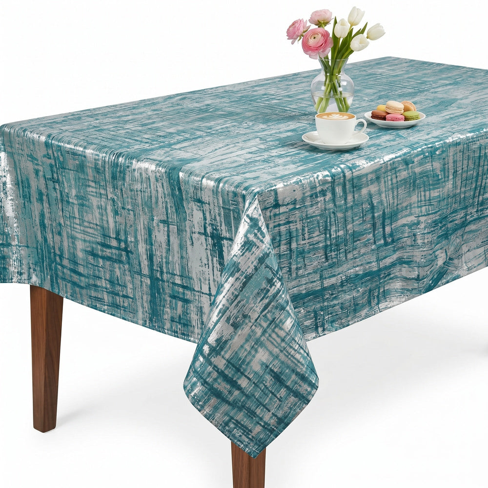 Teal Abstract Tablecloth featuring a textured design, perfect for dining tables.
