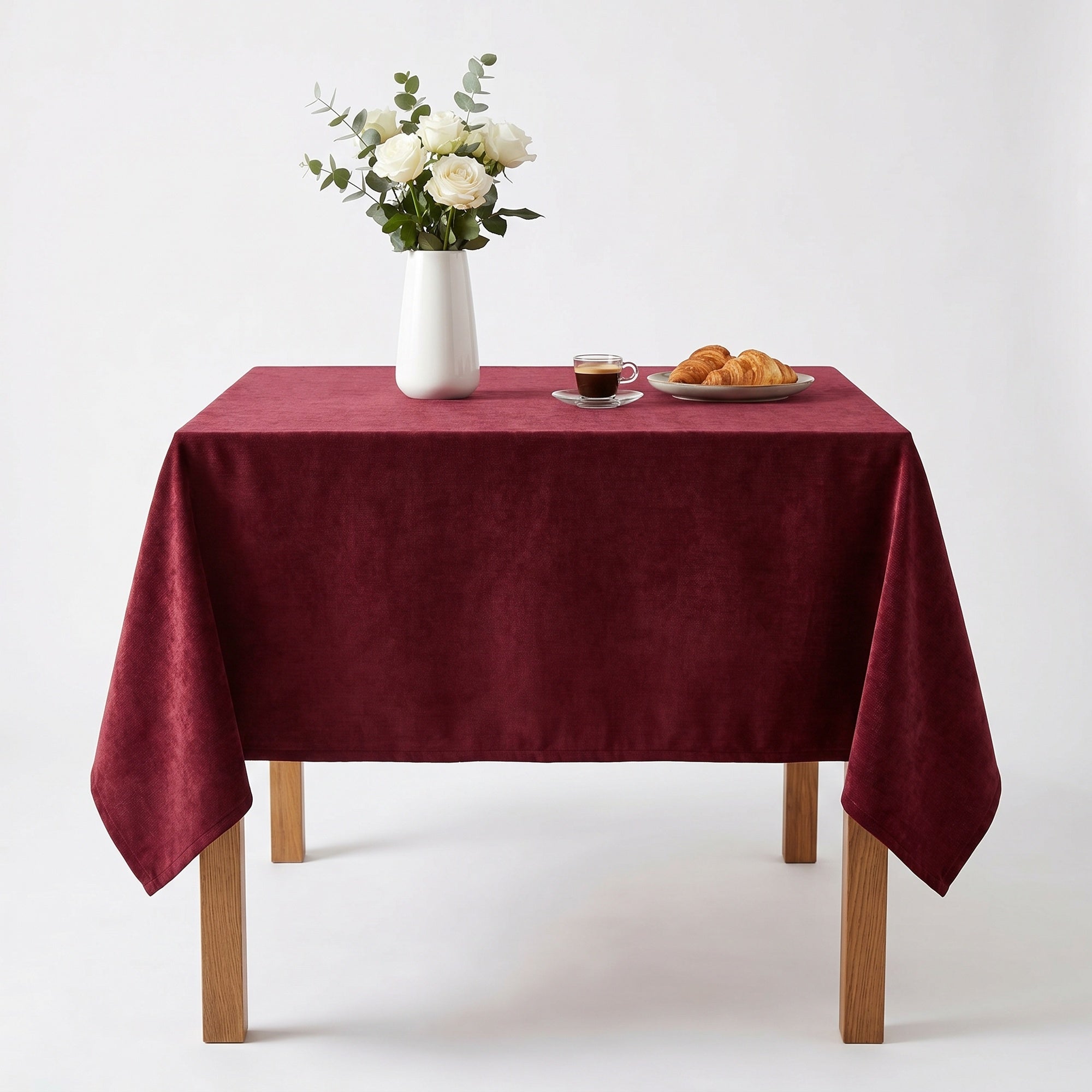 Burgundy chenille tablecloth, holiday table