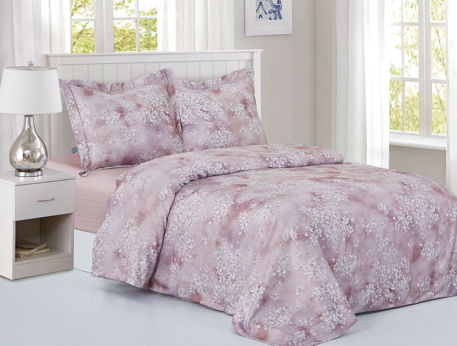 Violet Linen Magnolia Rose Cotton Sateen Duvet Set — Mauve Floral, 300 Thread Count