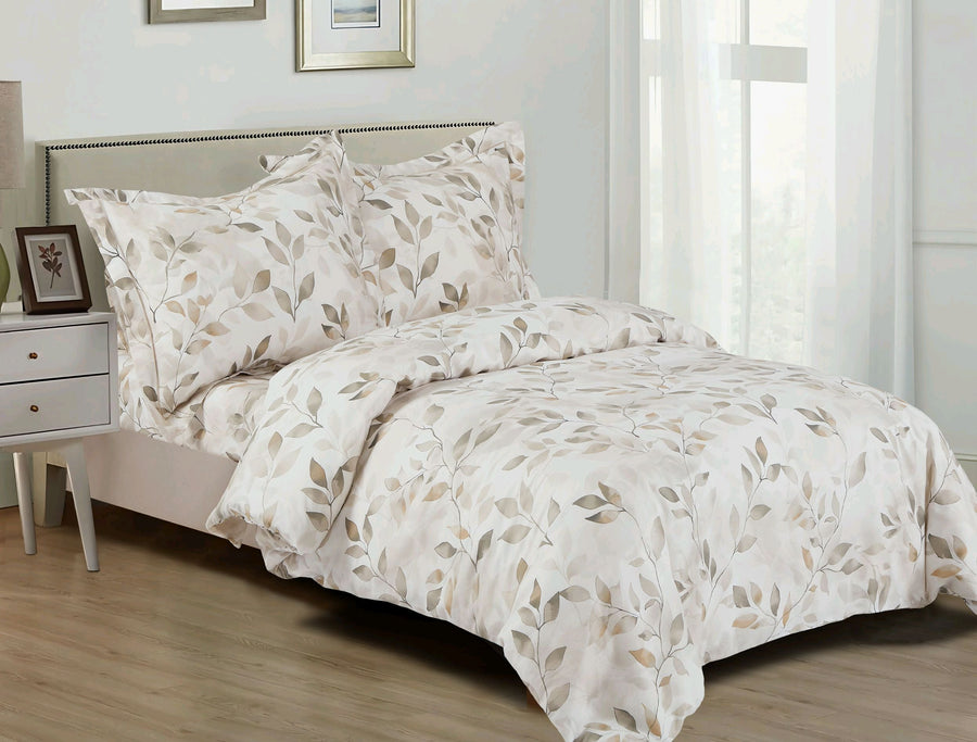 Ivory cotton duvet set printed with a taupe trailing-leaf vine and matching shams