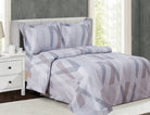 Grey and mauve cotton duvet set printed with an abstract geometric panel design, matching shams