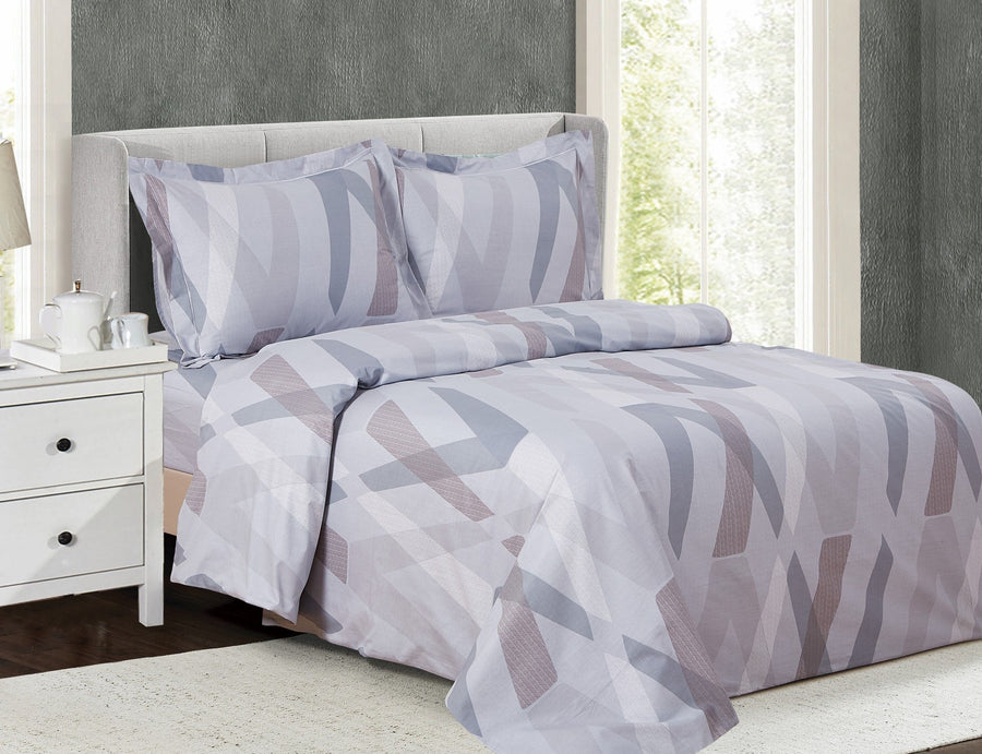 Grey and mauve cotton duvet set printed with an abstract geometric panel design, matching shams