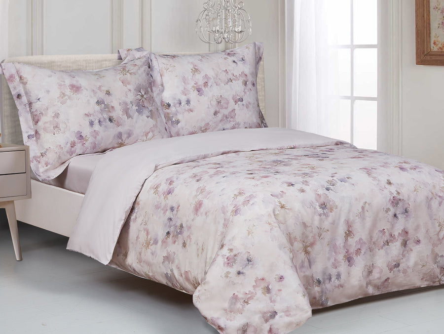Blush and mauve watercolour floral duvet set in cotton sateen with two matching shams