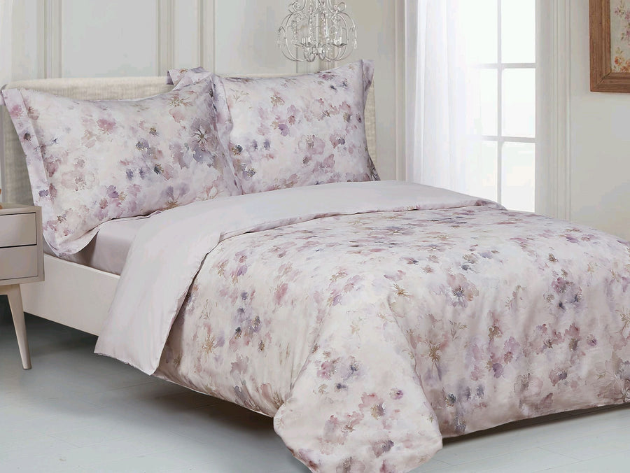 Violet Linen French Royal Watercolour Floral Duvet Set — Blush, 8 Piece 300T Cotton Sateen
