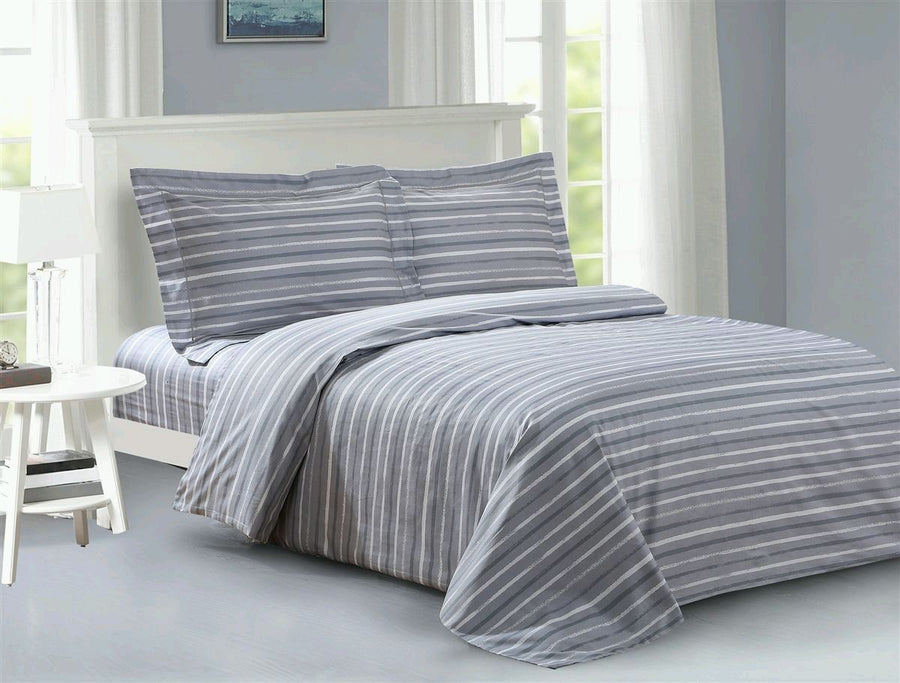 Grey-blue cotton duvet set with soft white painterly stripes and matching shams