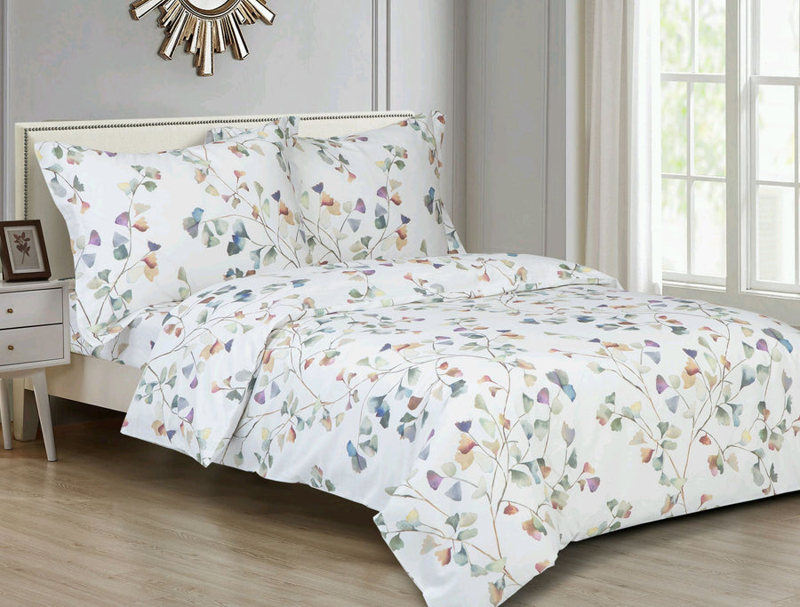 Violet Linen Sparkling Watercolour Ginkgo Cotton Duvet Set — White Multicolour