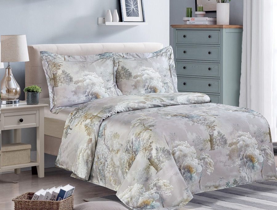 Violet Linen French Trees 8-Piece Cotton Sateen Duvet Set — Grey Woodland Print