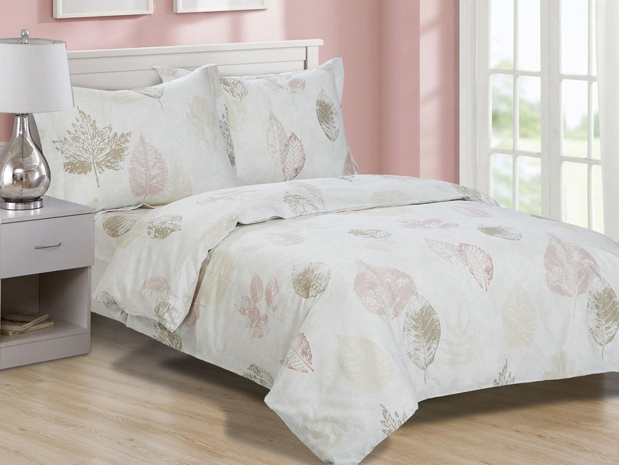 Cream cotton duvet set printed with taupe, blush and grey pressed-leaf silhouettes, with matching shams