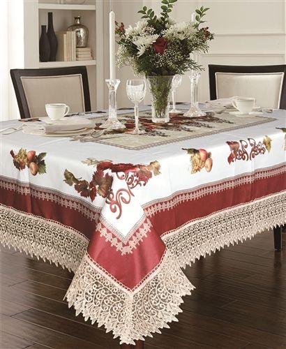 Violet Linen Fruttela Harvest-Fruit Tablecloth with Lace Border — Ivory & Burgundy