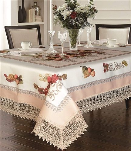 Violet Linen Fruttela Harvest-Fruit Tablecloth with Lace Border — Ivory & Burgundy