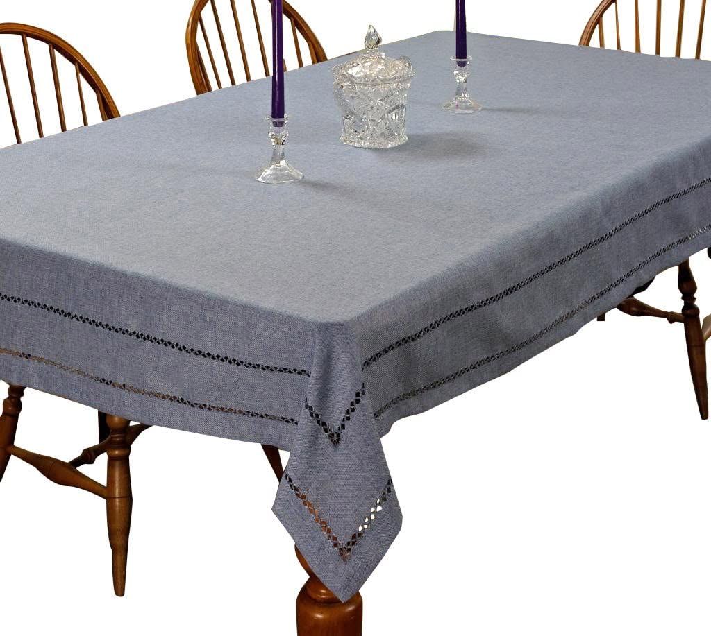 Grey hemstitch tablecloth with an open drawn-thread ladder border on a dining table