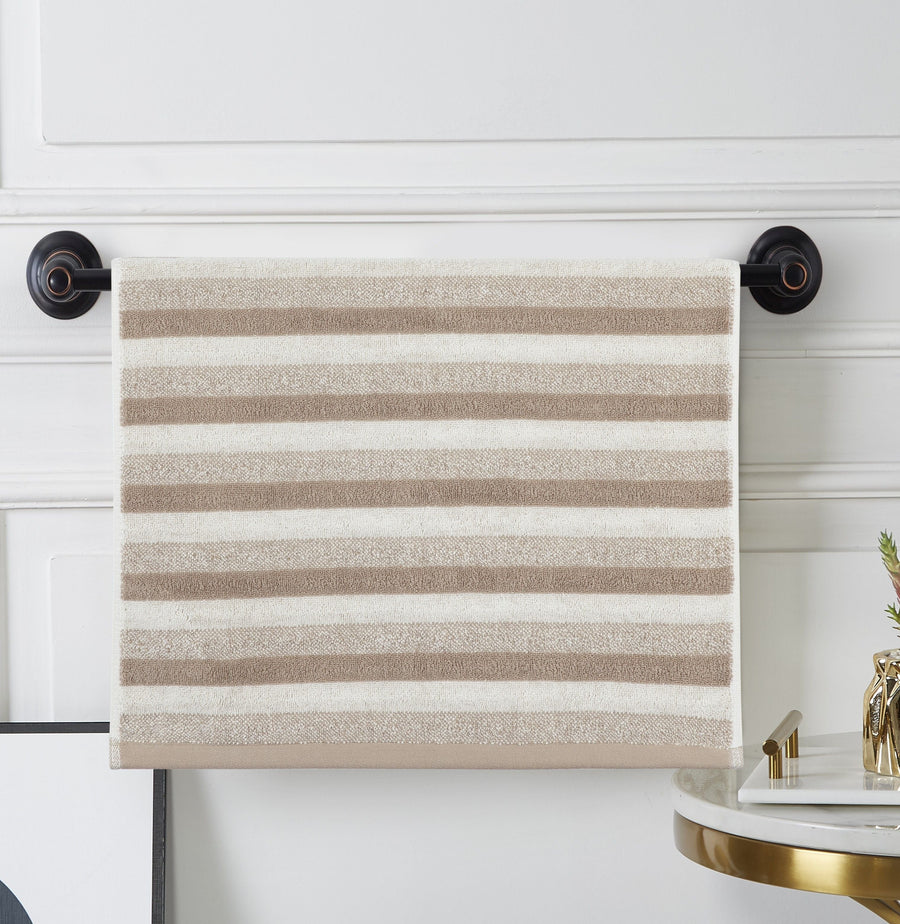 Violet Linen Majestic Terry Hand Towel — Taupe & Cream Stripe