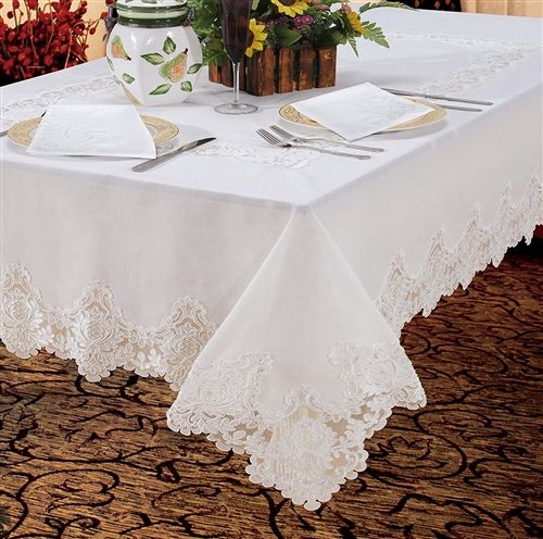 Violet Linen Imperial Embroidered Tablecloth with Lace Border — Cream or White