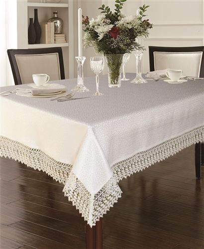 Violet Linen Legacy Damask Tablecloth with Macramé Lace Border — White