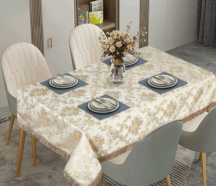 Violet Linen Majestic Damask Tablecloth with Lace Border — Beige or White