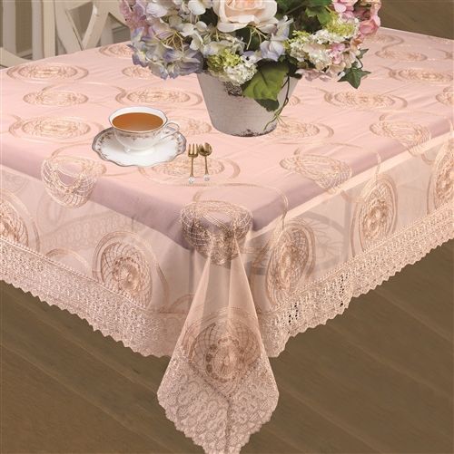 Violet Linen Marvelous Medallion Tablecloth — Gold with Crochet Border