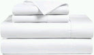 Stack of folded white percale sheets and pillowcases