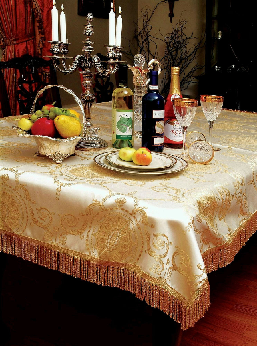 Violet Linen Prestige Damask Fringed Tablecloth — Beige, Burgundy & Gold