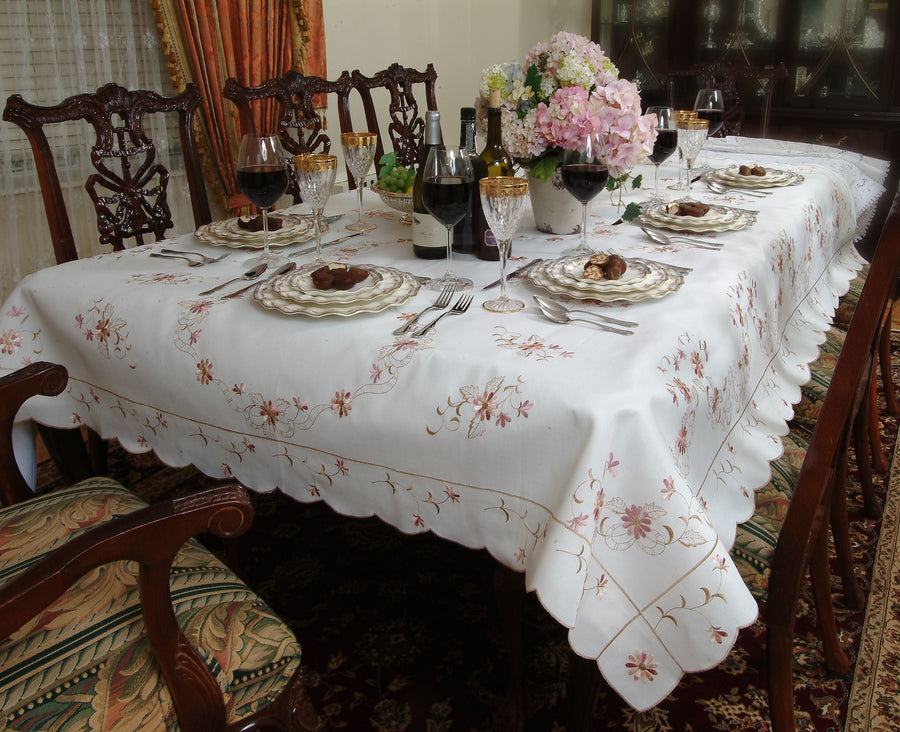 Violet Linen Renaissance Embroidered Floral Tablecloth — Ivory & White