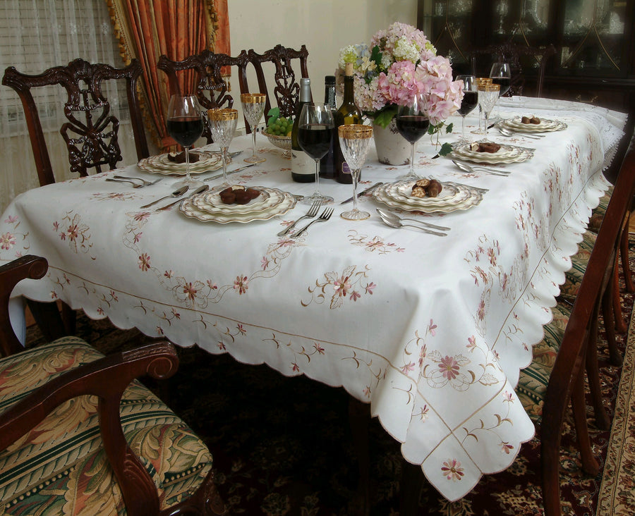 Violet Linen Renaissance Embroidered Floral Tablecloth — Ivory & White