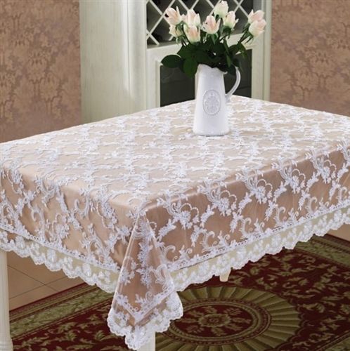 Violet Linen Royal Satin & Floral Lace Tablecloth — Cream & White